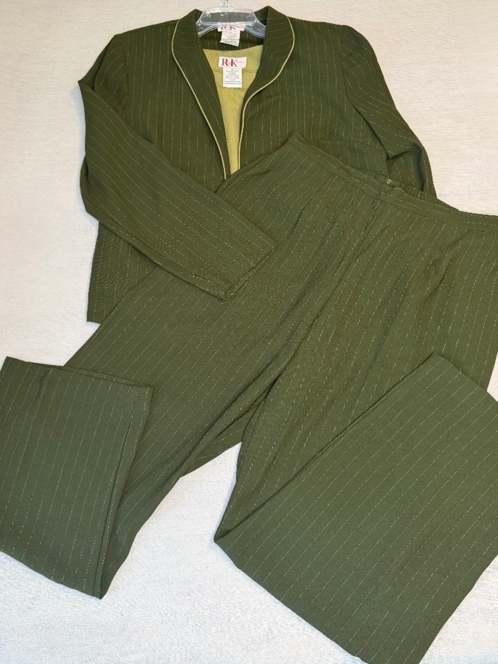 R&K Woman 3-Piece Pinstripe & Olive Green Pantsuit Set Size 12